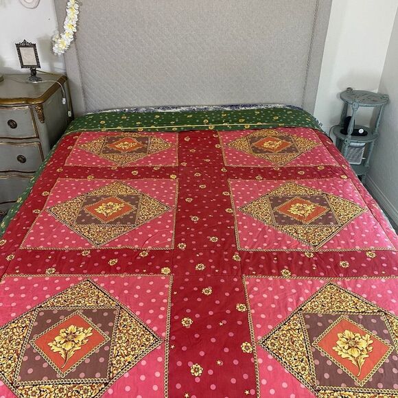Quilt Full/Queen East Indian inspired pink gold floral poka dots - Picture 1 of 9